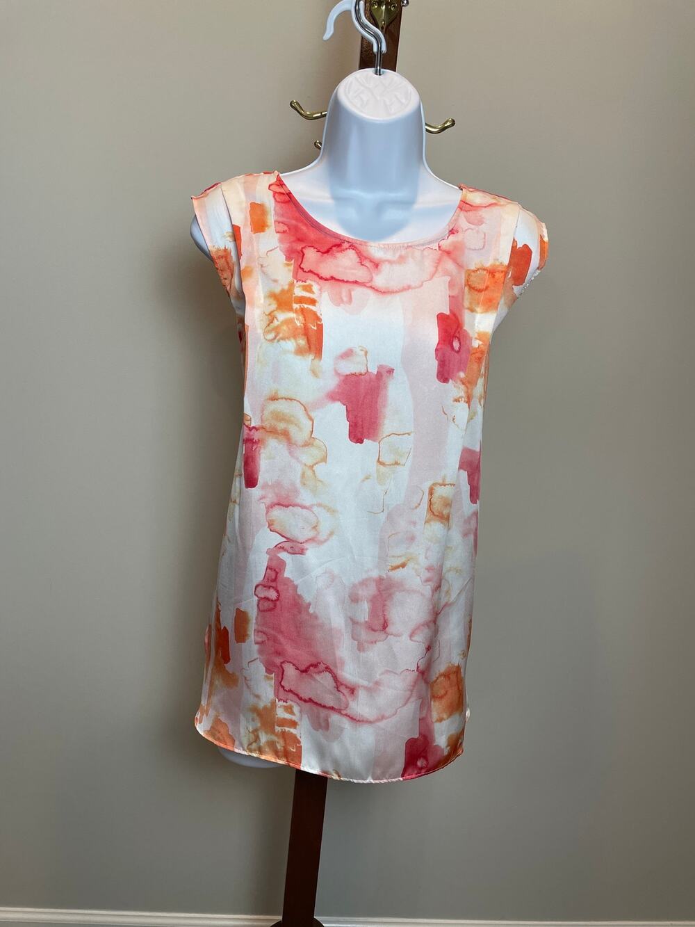 Calvin Klein Jeans Satin Top Size L White Pink Orange High‑Low Sleeveless